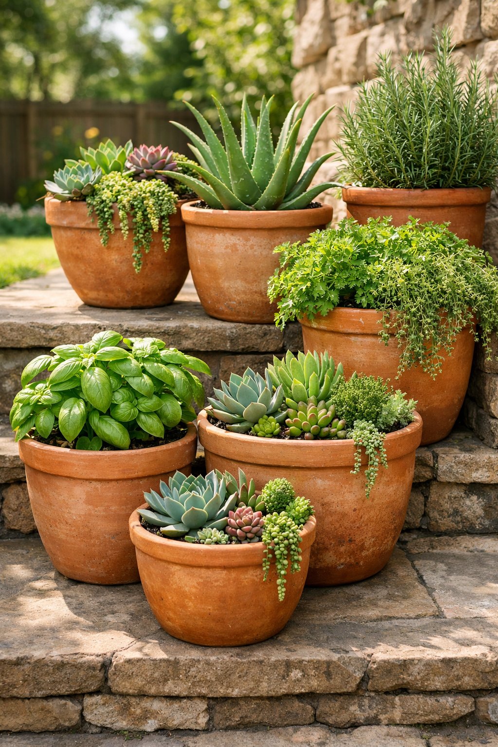 Cluster of large terracotta pots with succulents and herbs arranged on outdoor front steps in a backyard.