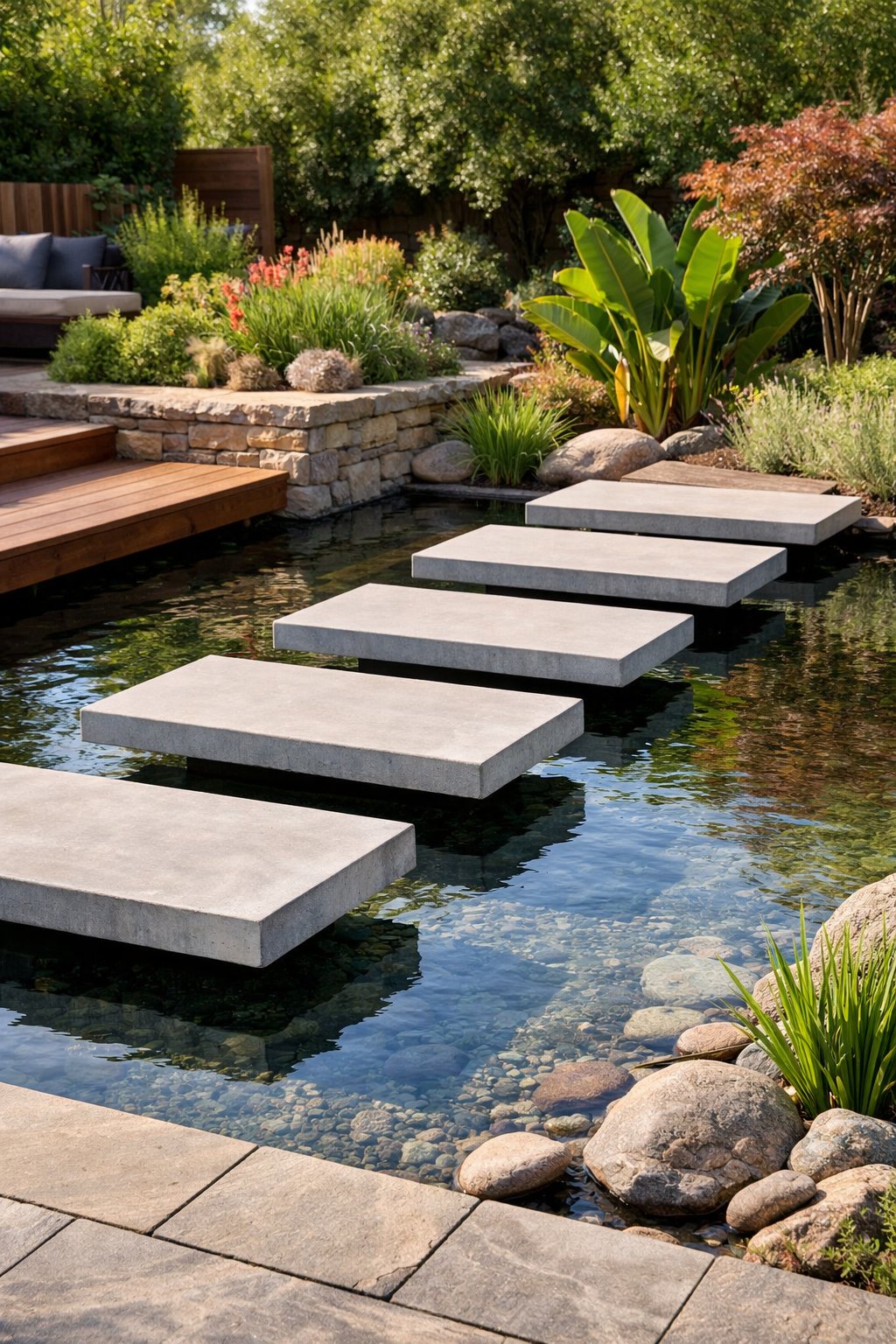 Floating concrete steps over a calm water feature in a backyard surrounded by plants and greenery.