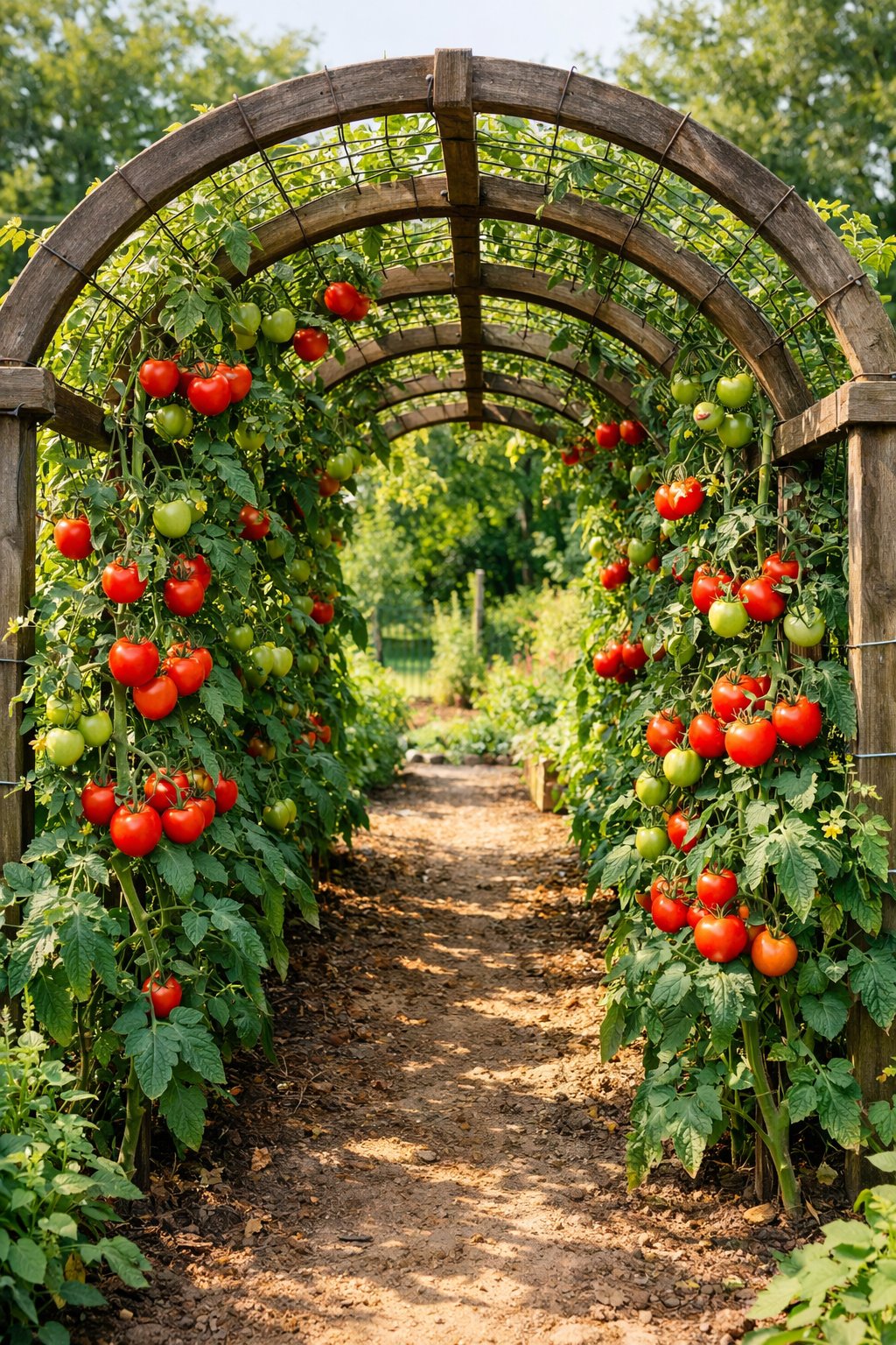 A garden with an arched wooden trellis forming a tunnel over rows of tomato plants bearing ripe tomatoes.