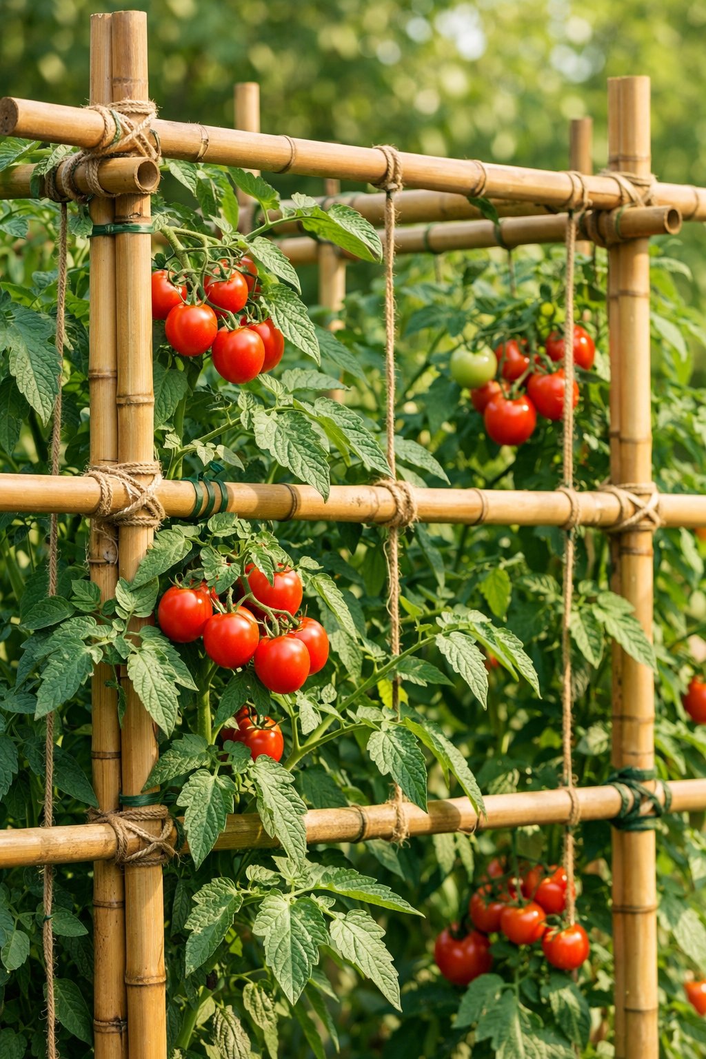 Tomato plants supported by bamboo poles in a garden with ripe tomatoes hanging from the vines.
