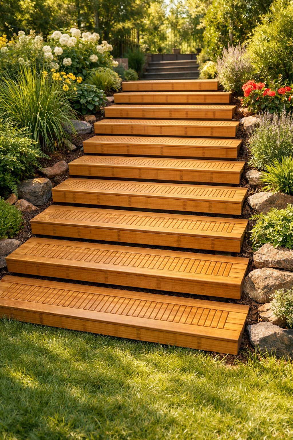 A backyard with 15 bamboo stepping boards arranged as front steps surrounded by grass and garden plants.