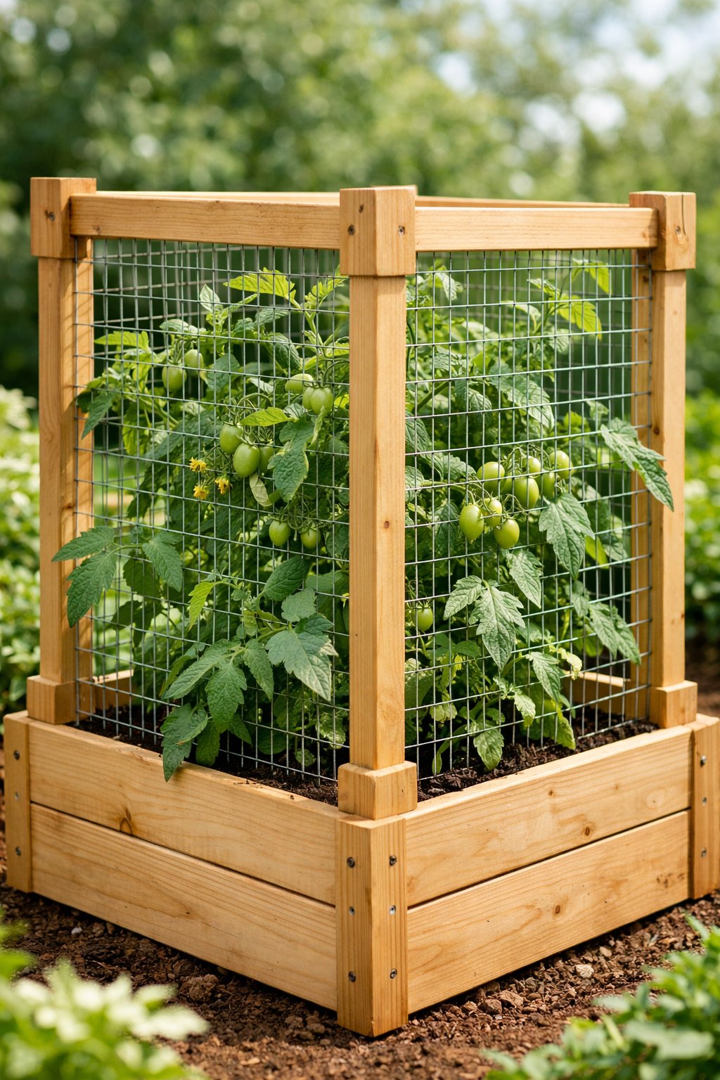 Wooden box trellis with mesh supporting tomato plants growing in a garden.
