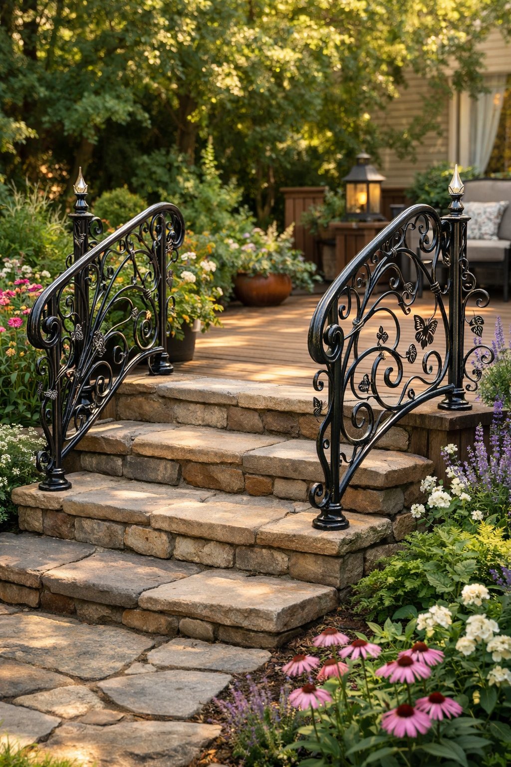 Backyard front steps with a decorative wrought-iron railing surrounded by plants and flowers.