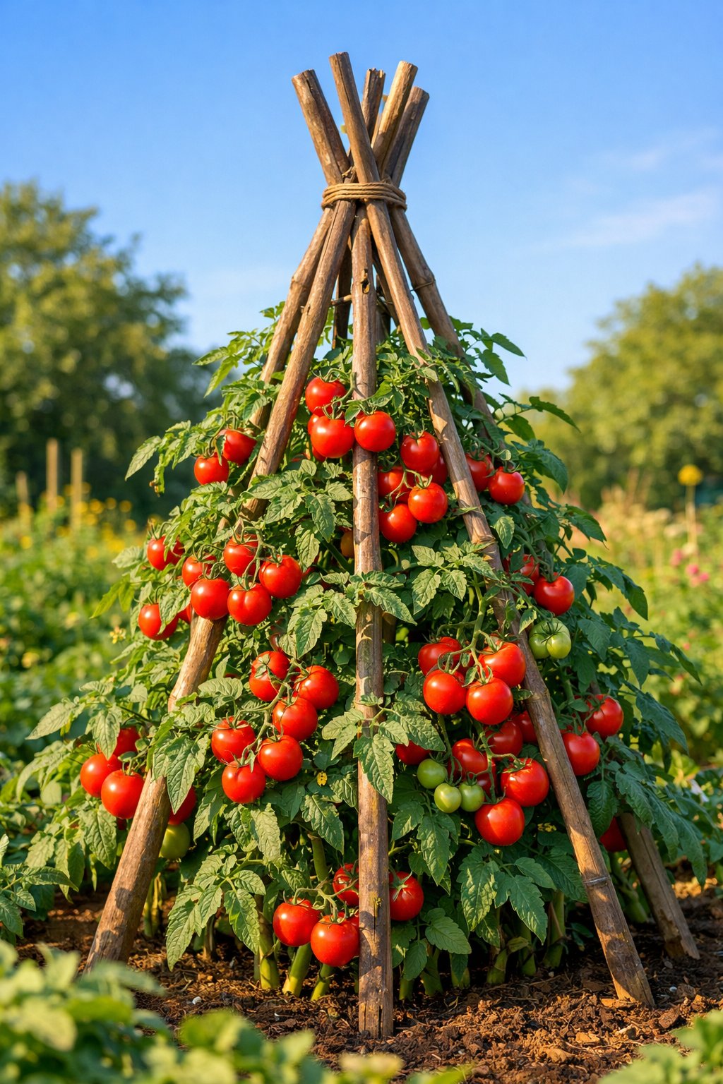 A garden with tomato plants growing on a wooden teepee trellis, showing ripe red tomatoes and green leaves under a clear sky.