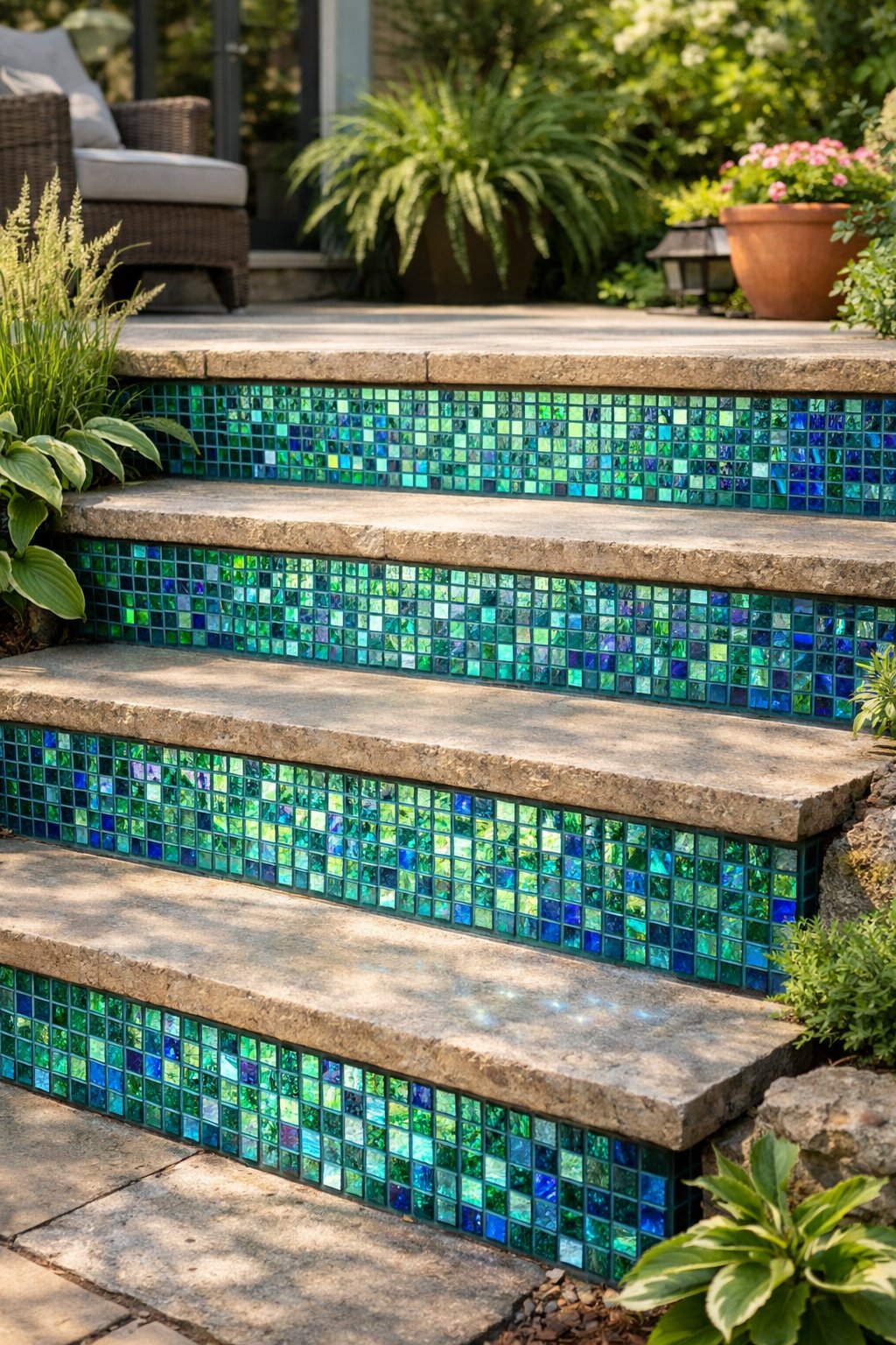 Backyard front steps with shimmering recycled glass tile risers surrounded by green plants.