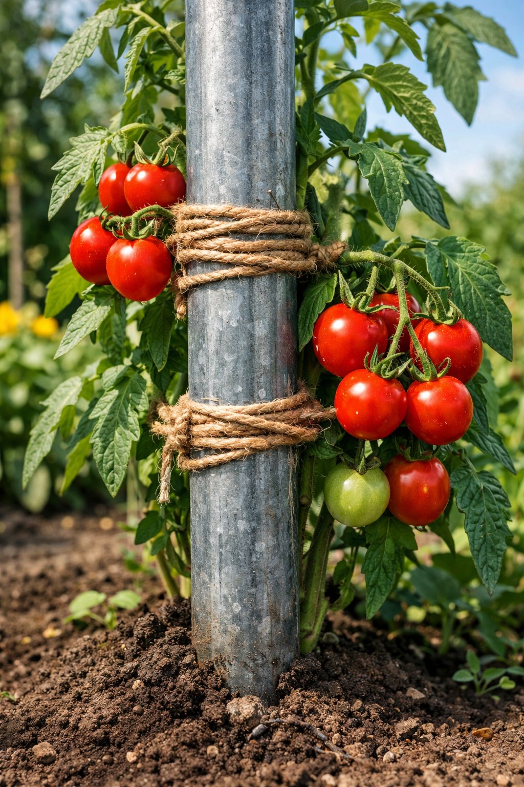 A metal post wrapped with twine supporting tomato plants with ripe red tomatoes in a garden.