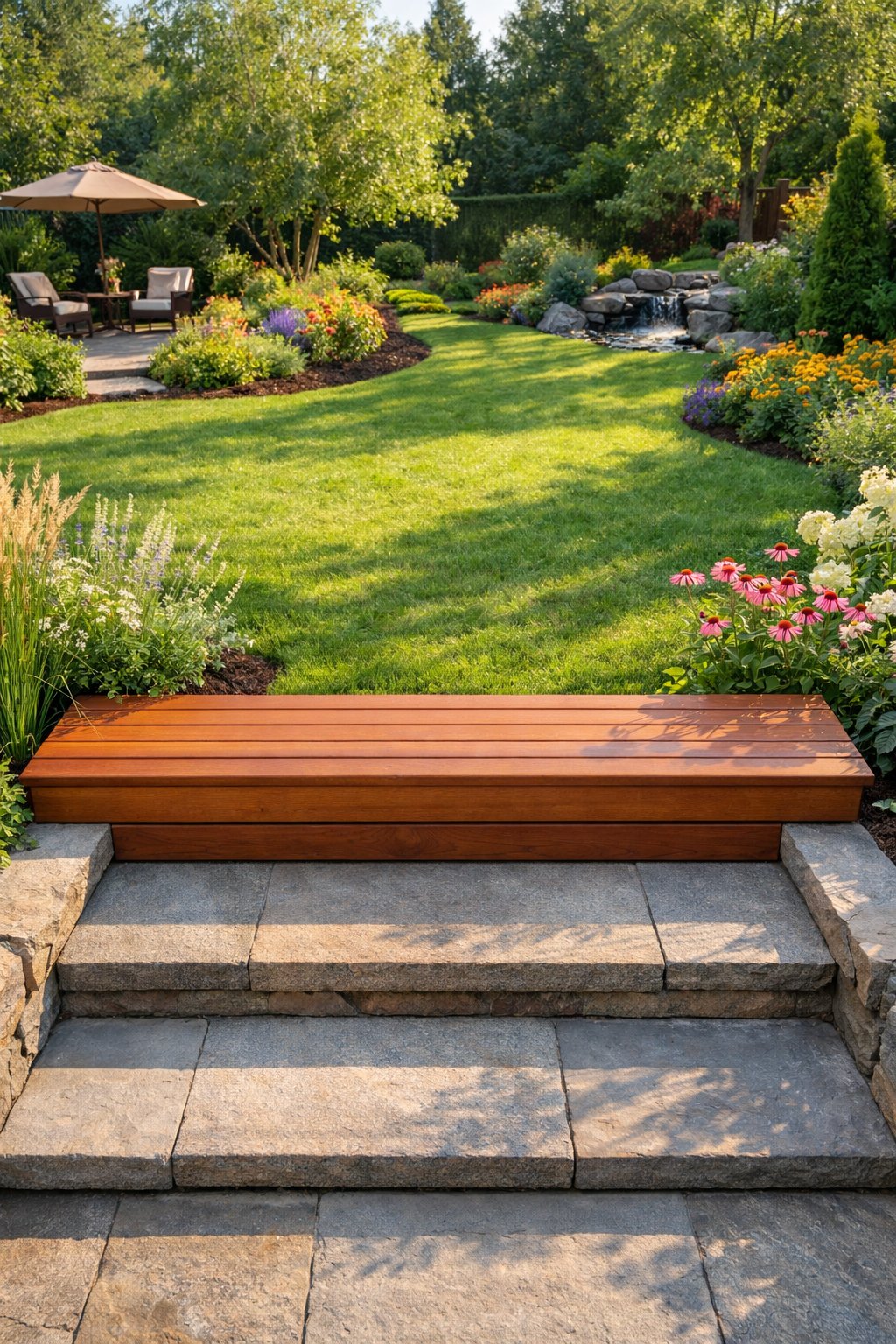 A backyard with stone front steps where the last step is built as a wooden bench overlooking a garden with green plants and flowers.