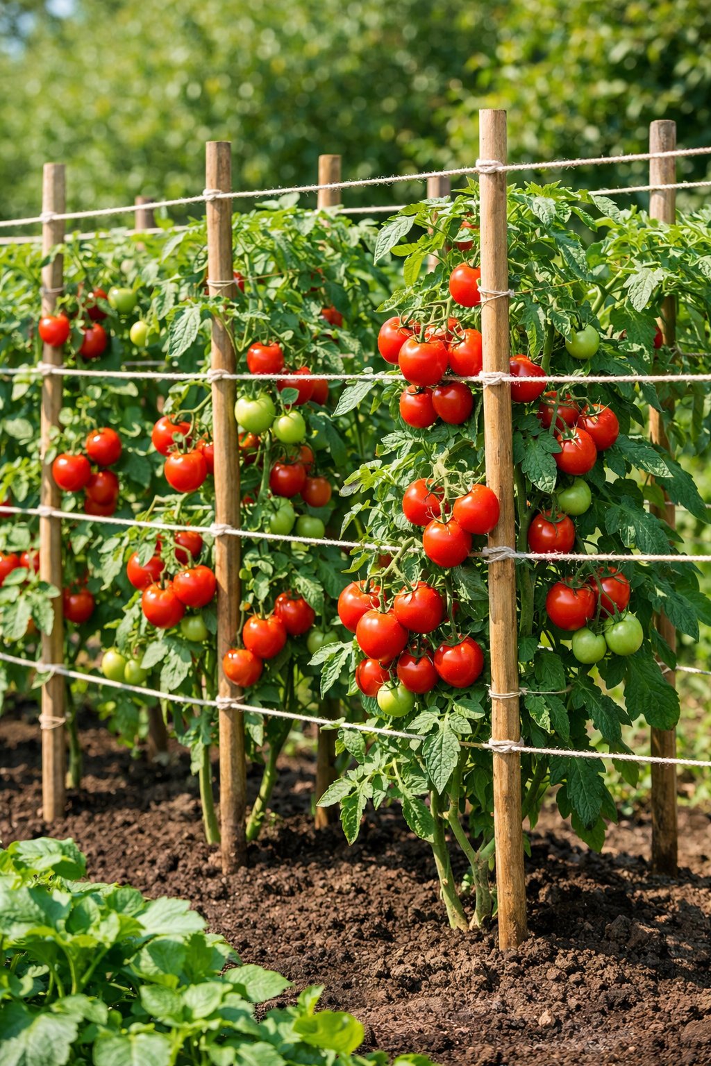 Tomato plants supported by a string and stake grid trellis with ripe tomatoes in a garden.