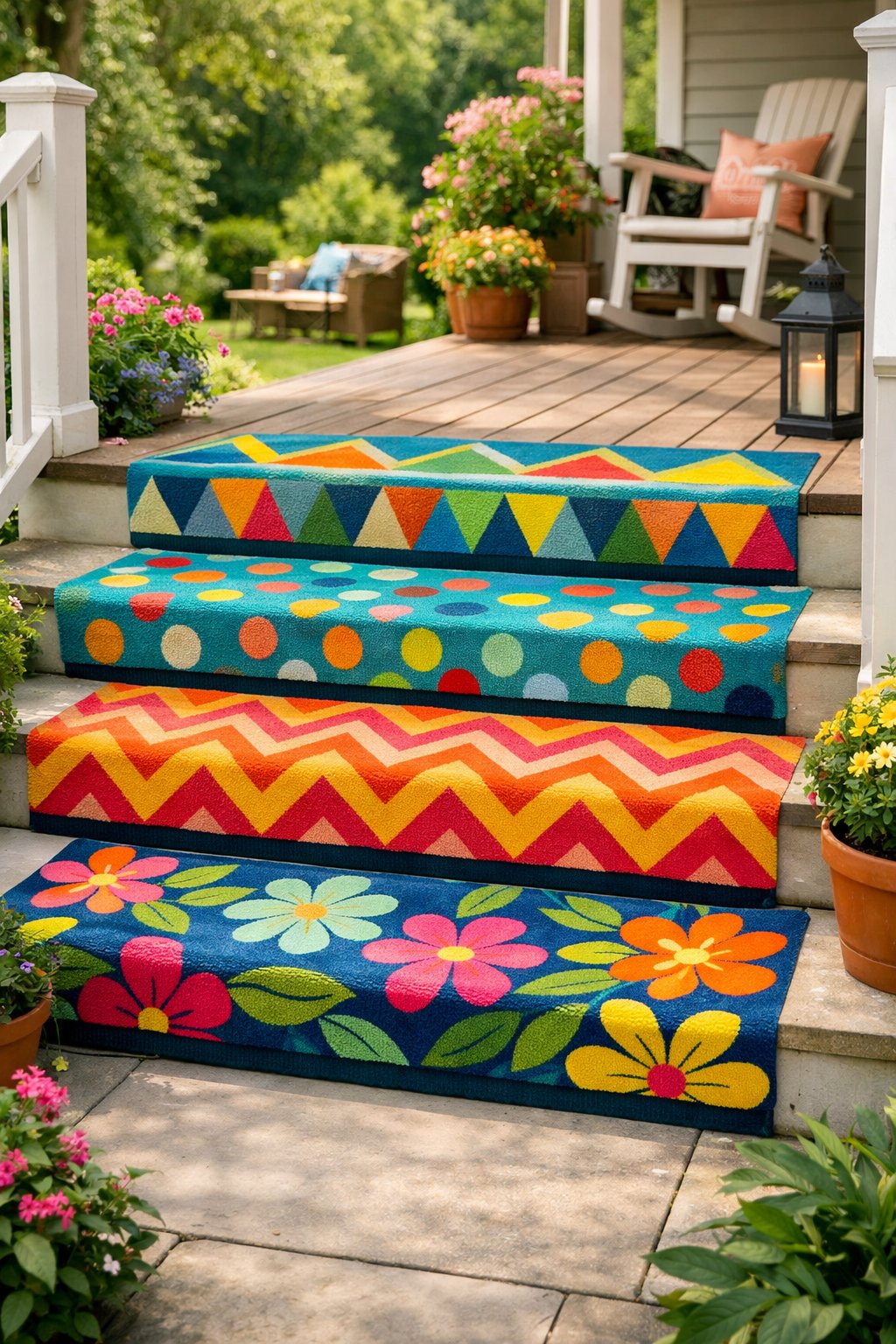 Front porch steps covered with colorful patterned outdoor carpet in a backyard setting with plants and greenery.