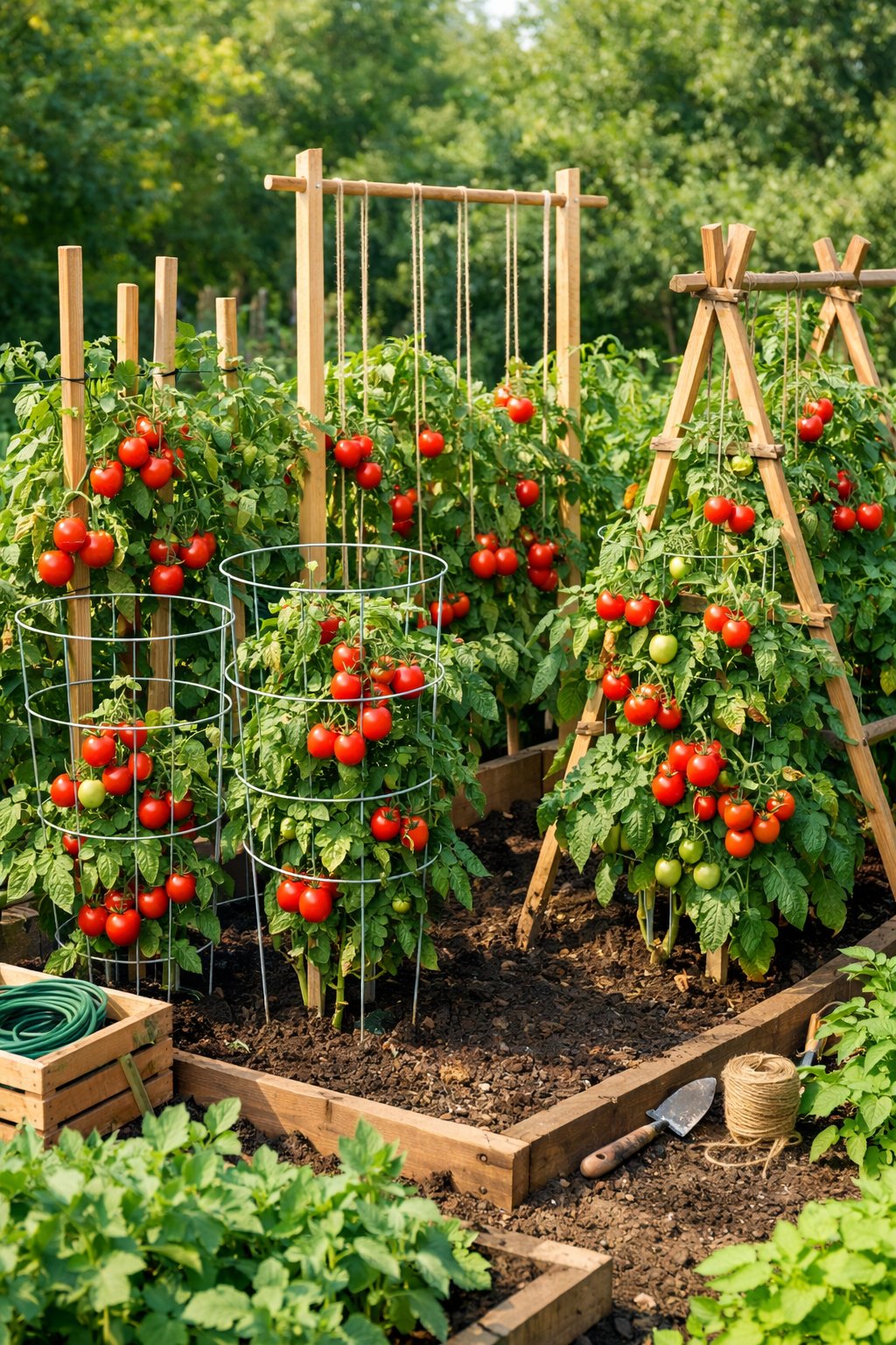 A garden with various tomato plants supported by different types of trellises and ripe tomatoes hanging from the vines.