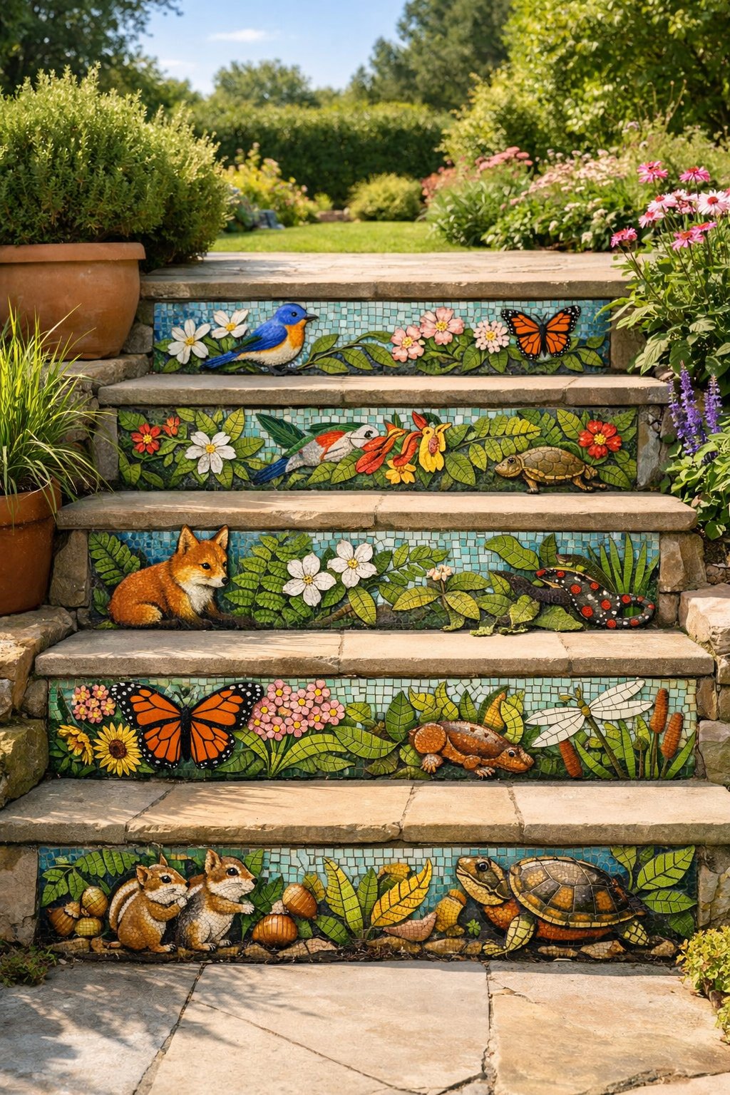 Front steps in a backyard with mosaic tile risers featuring colorful local plants and animals, surrounded by greenery and garden plants.