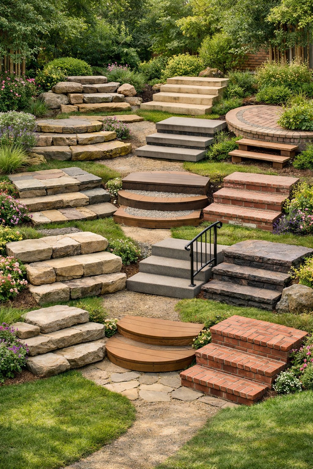 A backyard with fifteen different front step designs made from various materials surrounded by plants and greenery.