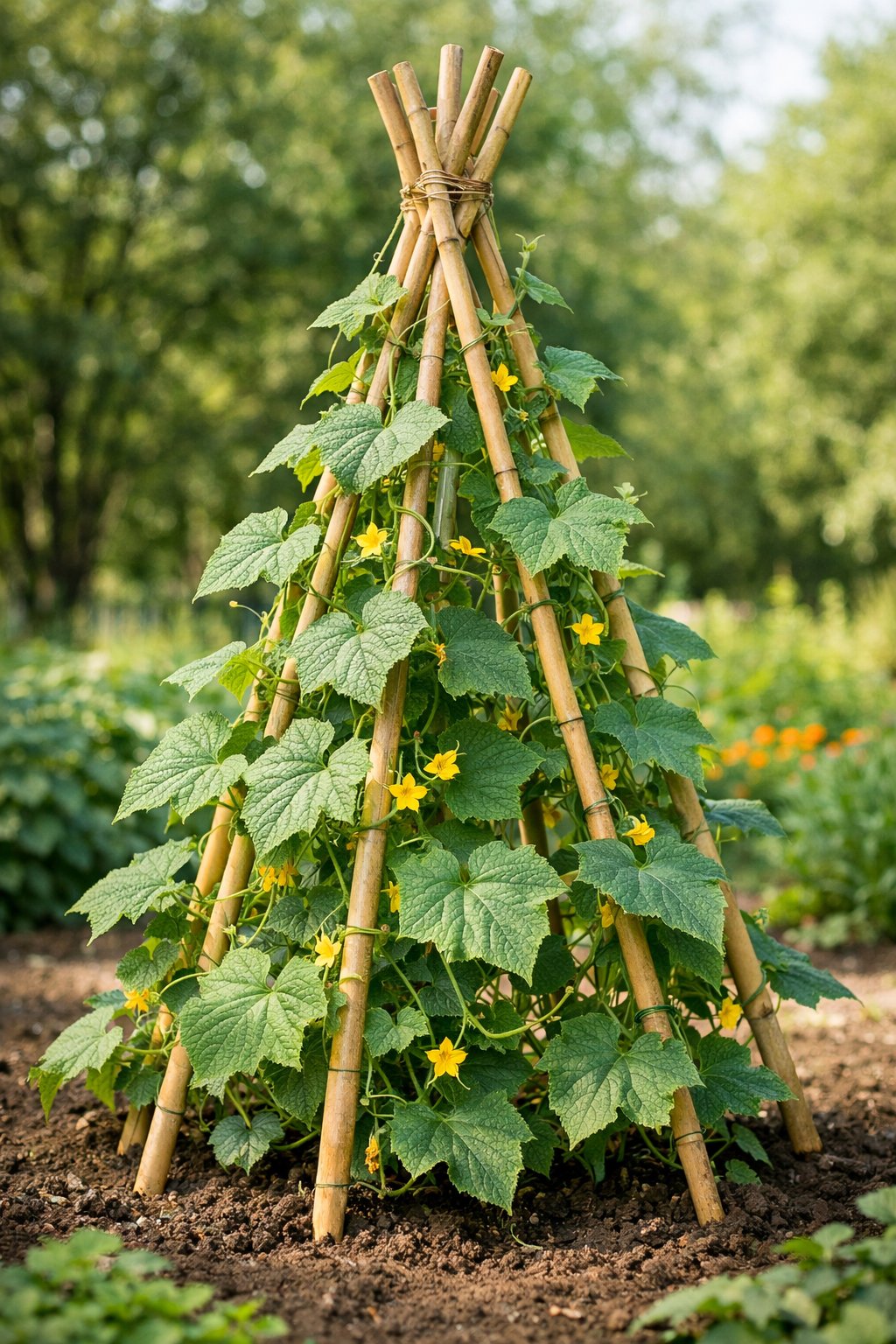 A bamboo pole teepee trellis with cucumber vines growing on it in a garden setting.