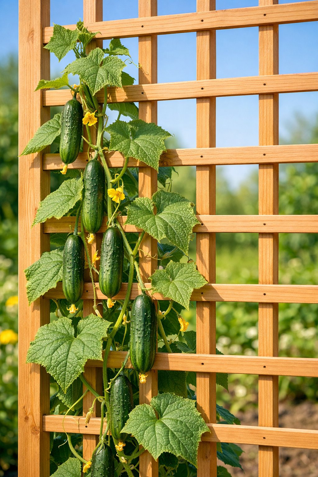 Wooden lattice panel supporting vertical cucumber vines with green leaves and small cucumbers in a sunny garden.