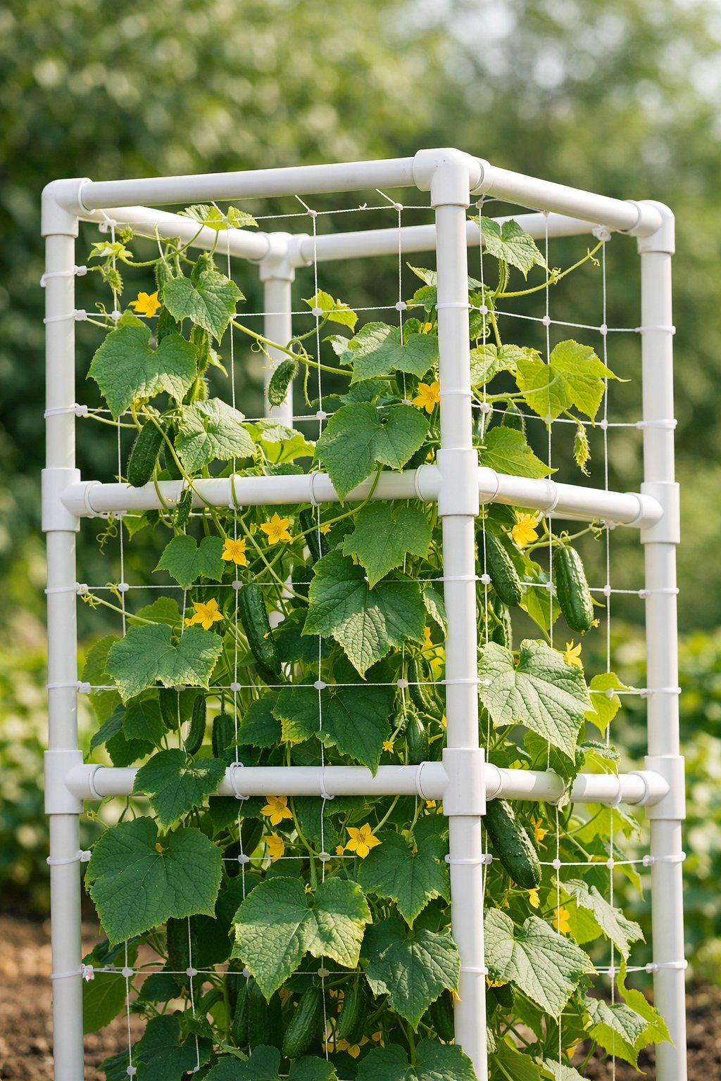 A PVC pipe trellis supporting cucumber vines with green leaves and yellow flowers in an outdoor garden.