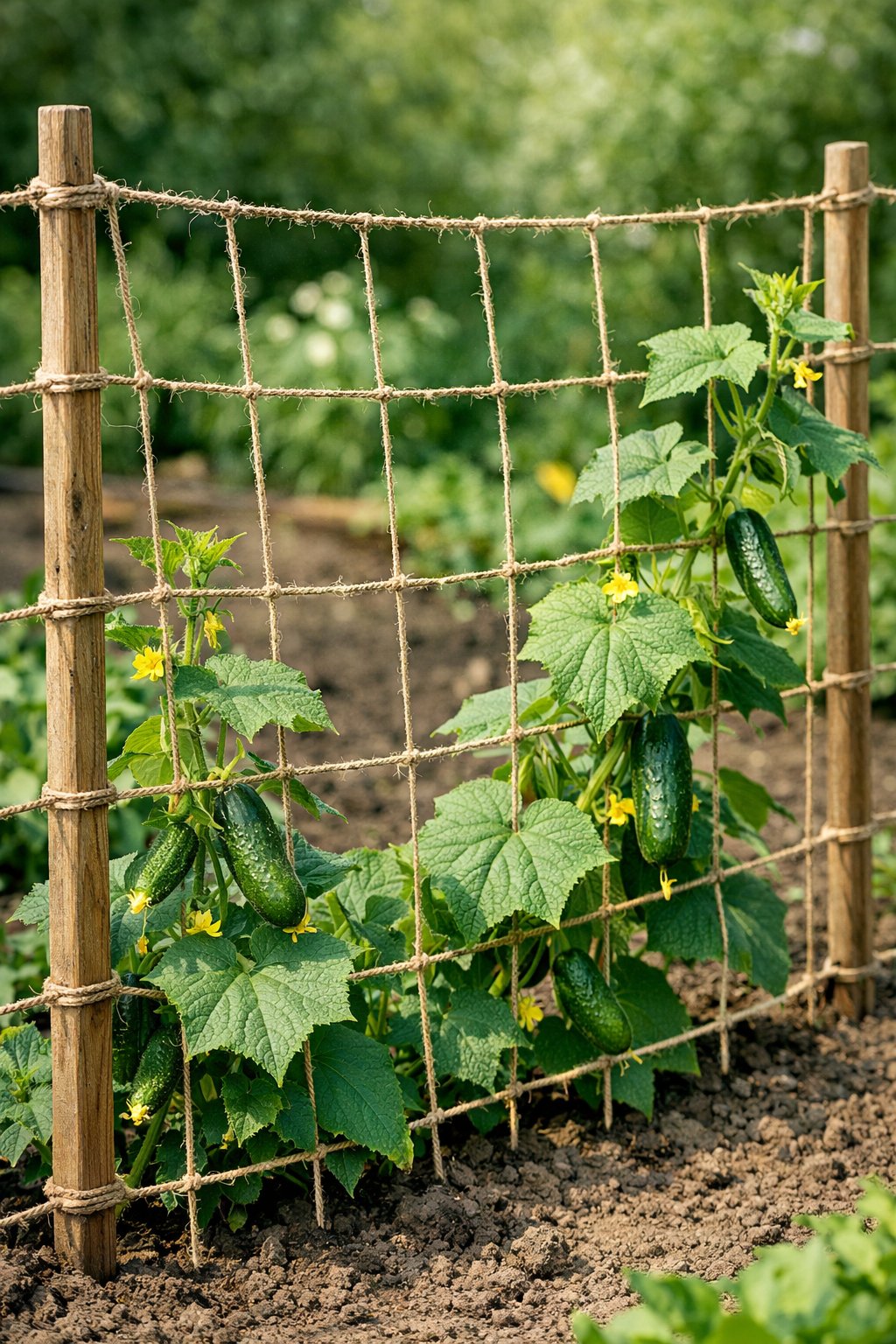Twine netting stretched between wooden stakes supporting cucumber plants in a garden.