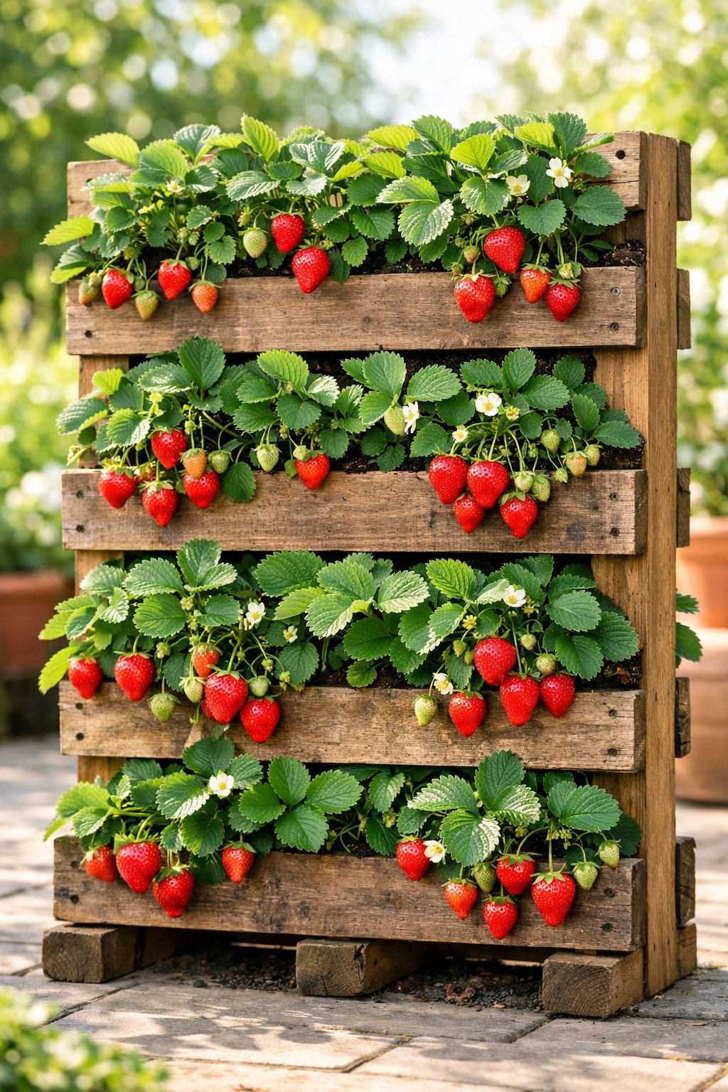 Vertical wooden pallet planter filled with healthy strawberry plants bearing ripe red strawberries outdoors.