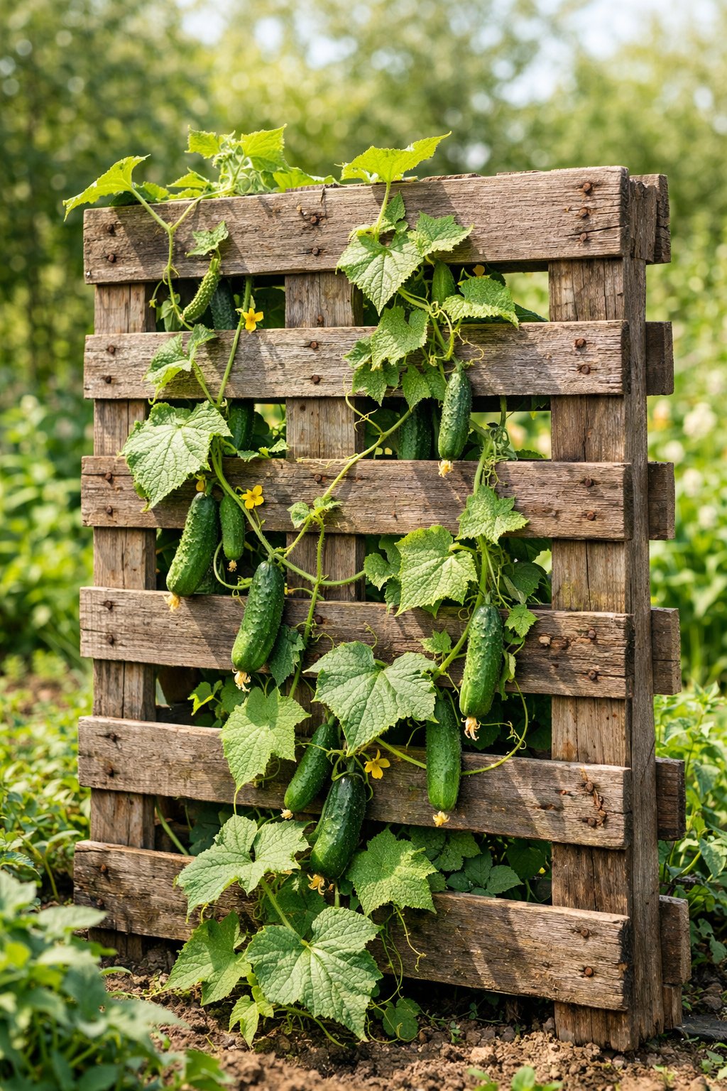 Old wooden pallet trellis with cucumber vines growing in a garden.
