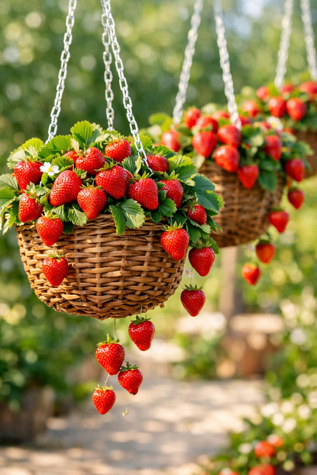 Several hanging baskets filled with ripe strawberries and green leaves outdoors in a garden setting.