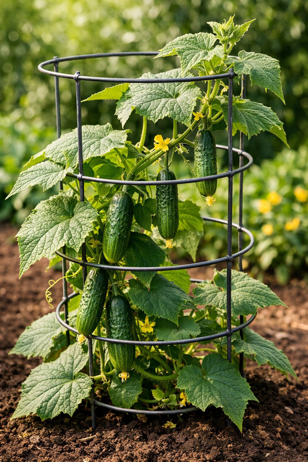 A garden scene with a metal tomato cage supporting green cucumber vines and growing cucumbers among other plants.