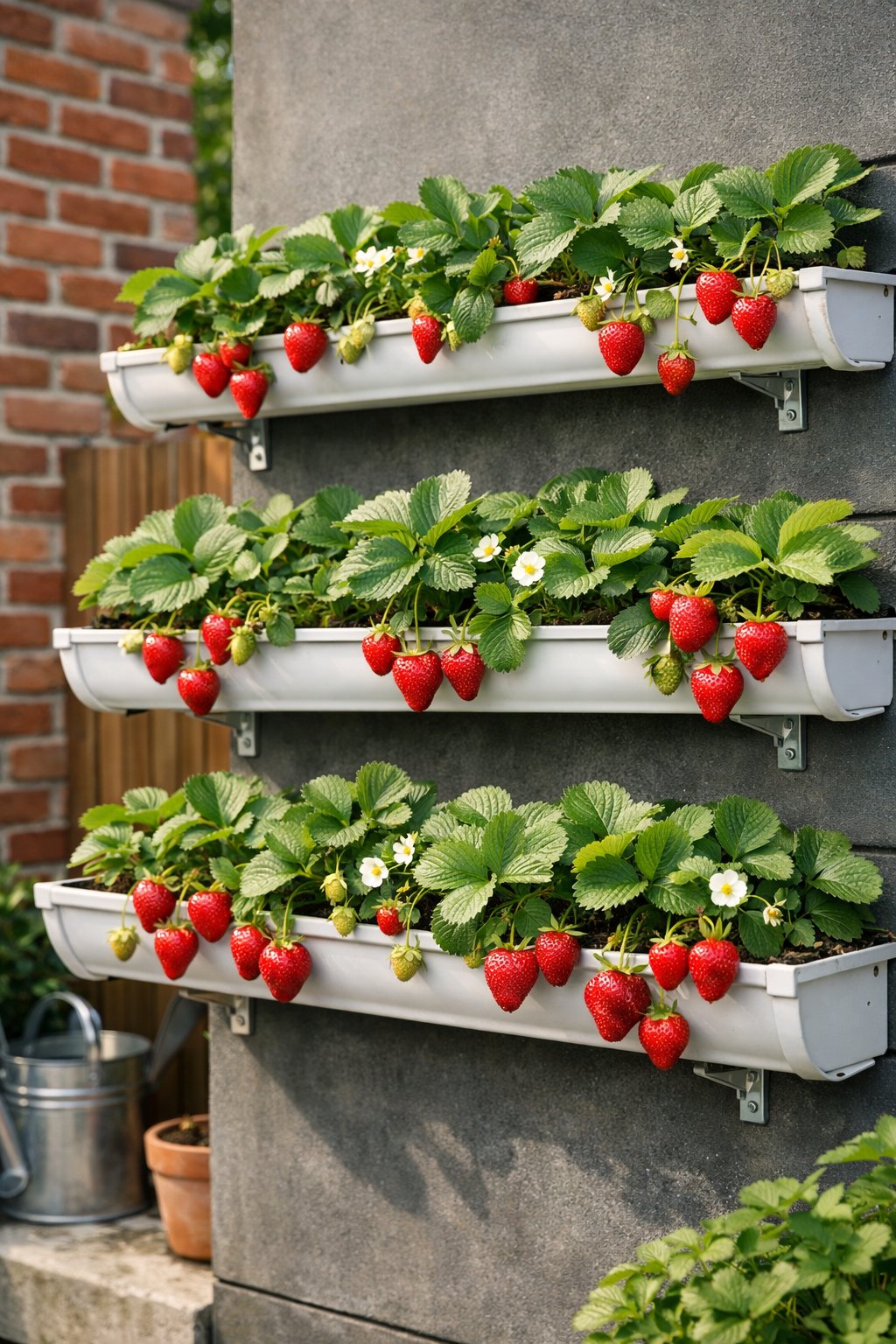Multiple rain gutters mounted on a wall, filled with green strawberry plants and ripe red strawberries in an outdoor urban garden.