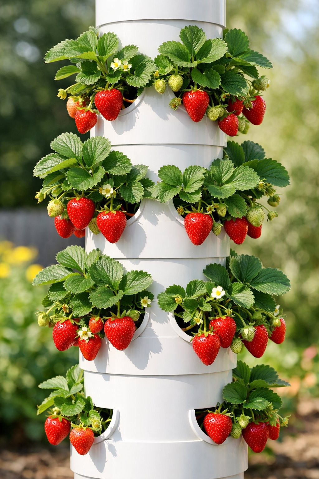 A vertical tower made of white PVC pipes filled with green strawberry plants and ripe red strawberries in a garden setting.