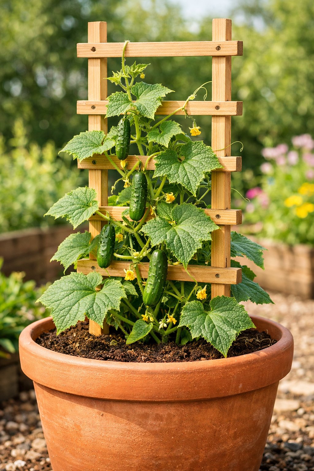 A vertical wooden trellis attached to a pot with cucumber plants climbing up in a sunny garden.