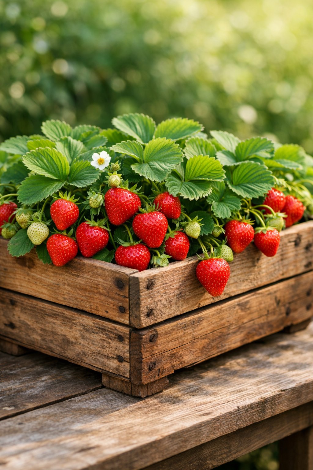 A wooden crate planter filled with ripe strawberries and green leaves placed outdoors on a wooden surface.
