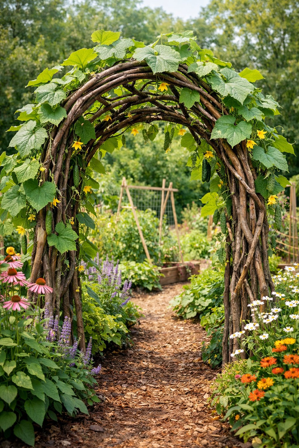 A garden path with a natural branch arch trellis covered in green cucumber vines and flowers.