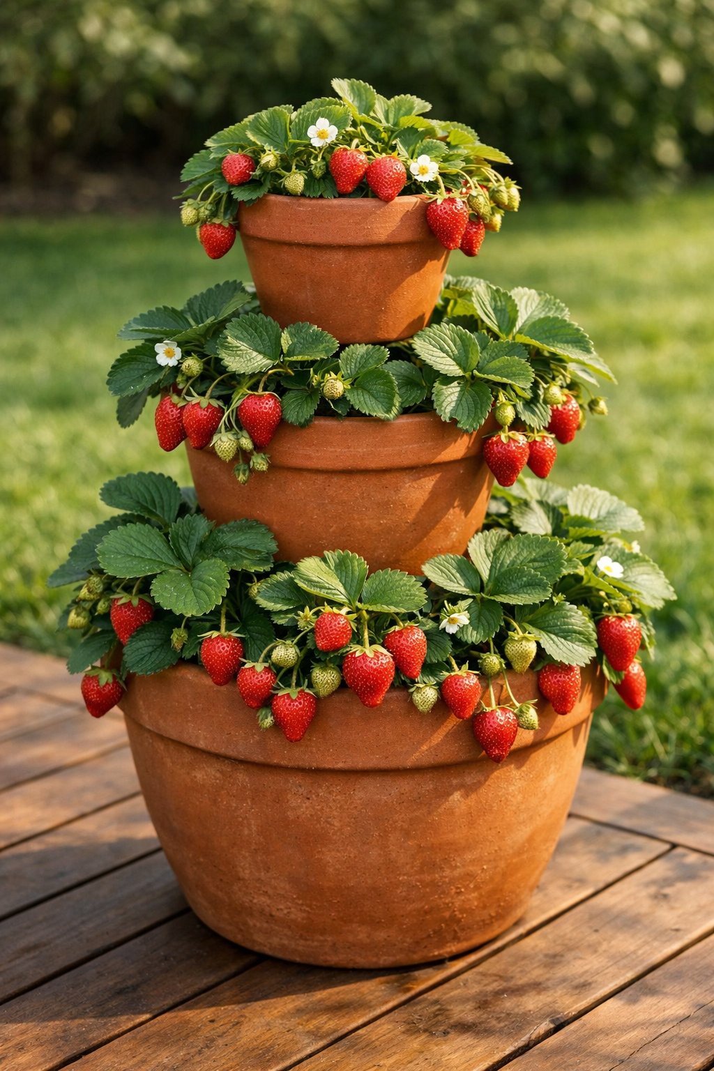 A multi-tiered strawberry planter made from stacked pots with ripe strawberries growing on a wooden deck outdoors.
