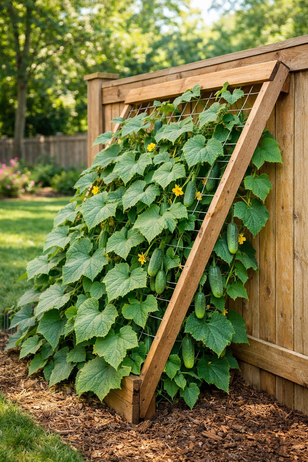 A wooden fence panel with a lean-to trellis covered in green cucumber vines and small cucumbers growing on it in a sunny backyard.