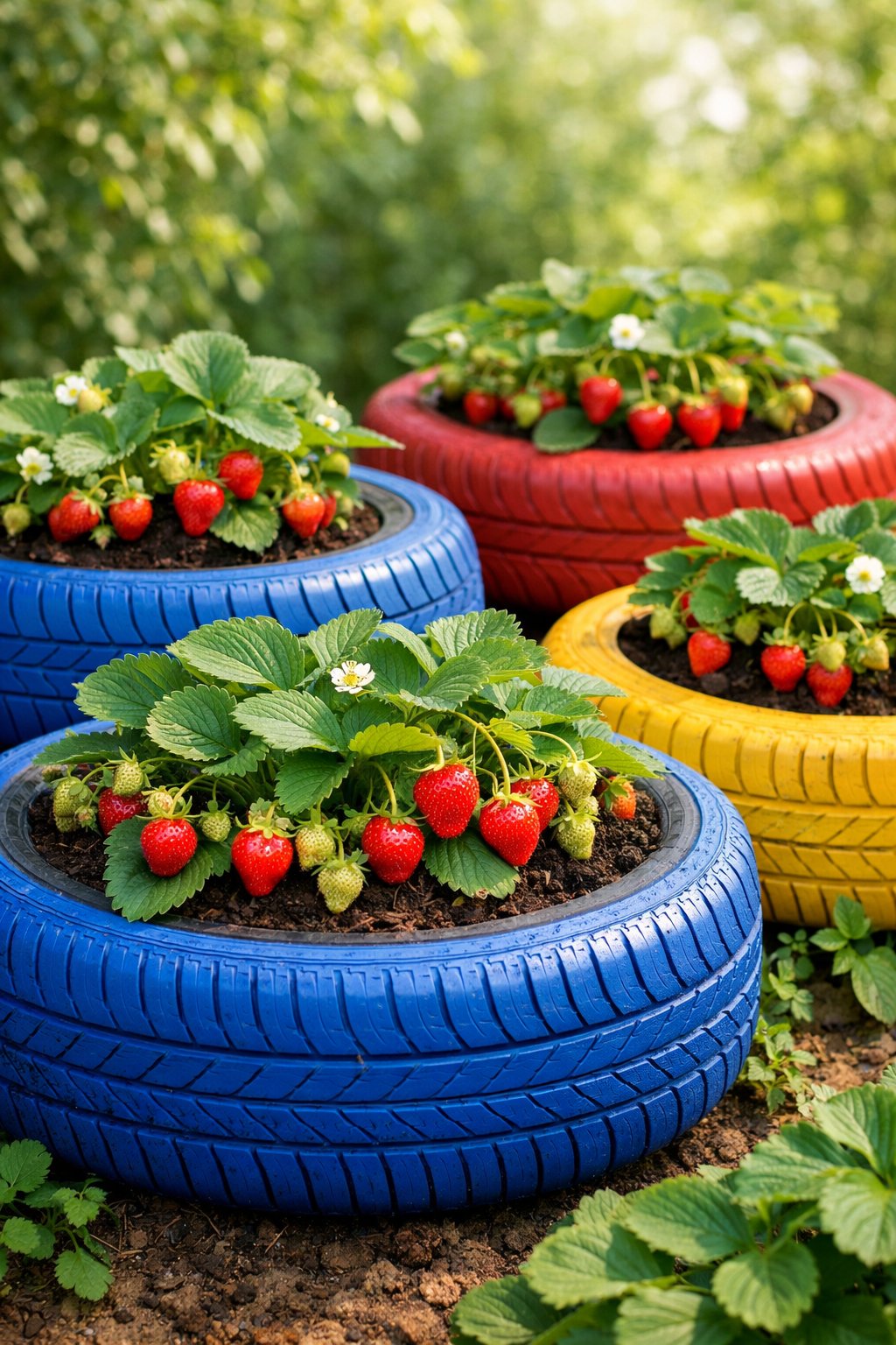 Several colorful upcycled tire planters filled with strawberry plants bearing ripe strawberries in a garden setting.