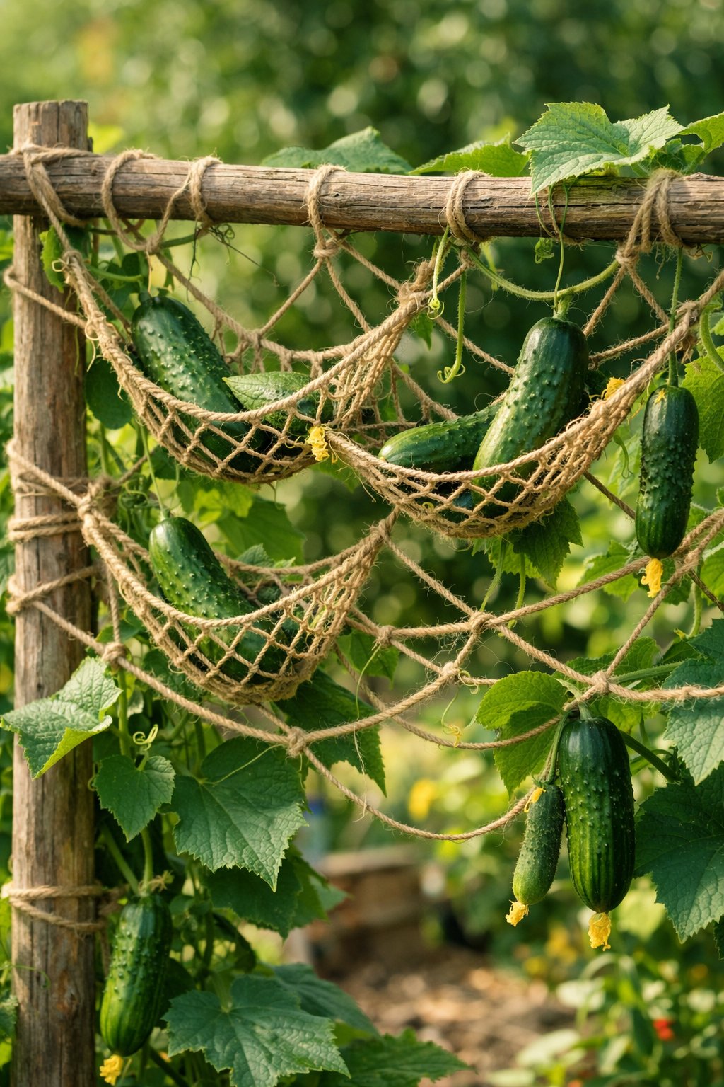 A garden scene showing cucumber plants climbing and resting on a twine hammock trellis made from a wooden frame.