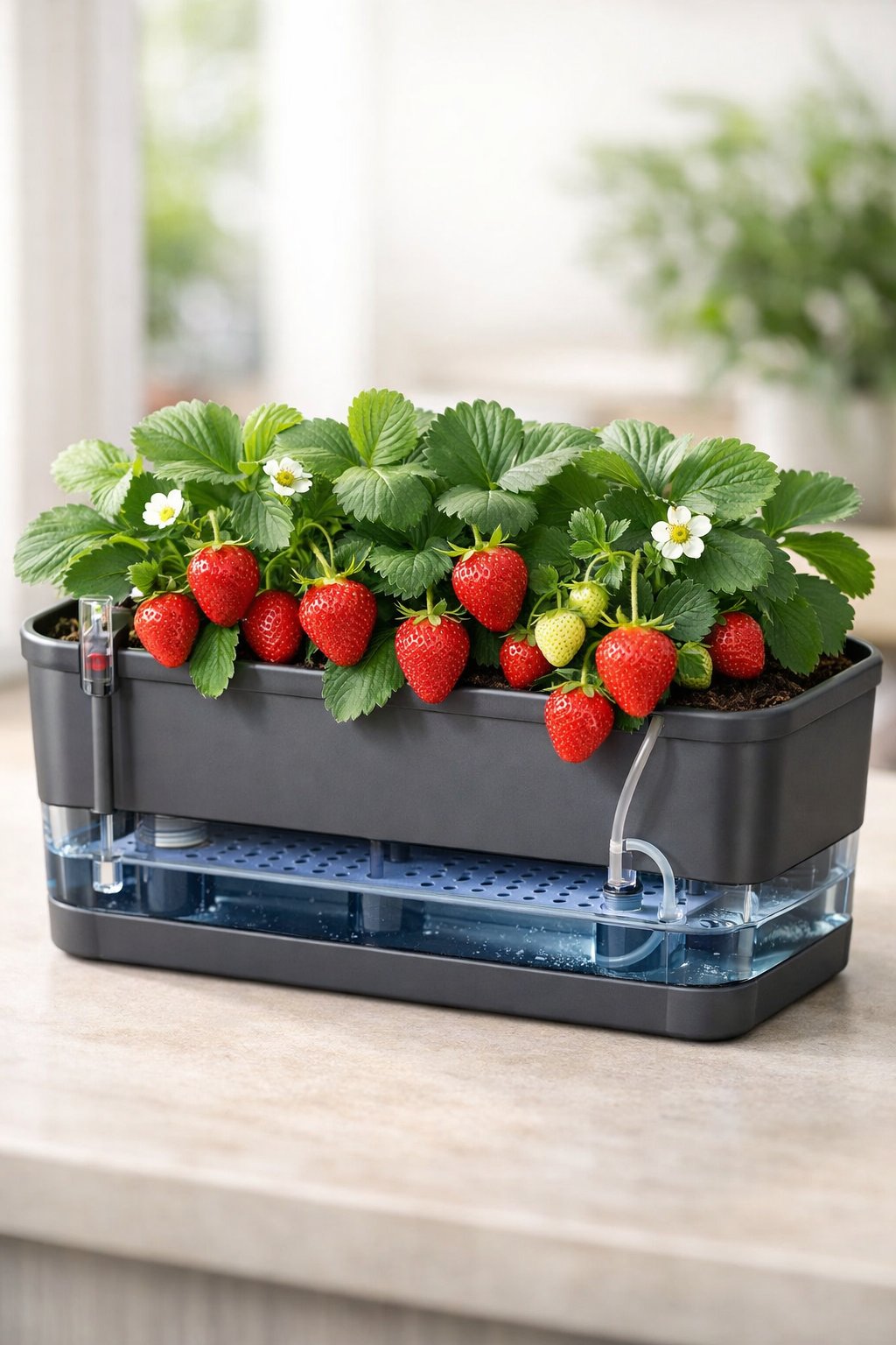 A strawberry planter with ripe strawberries and green leaves, featuring a built-in self-watering system.