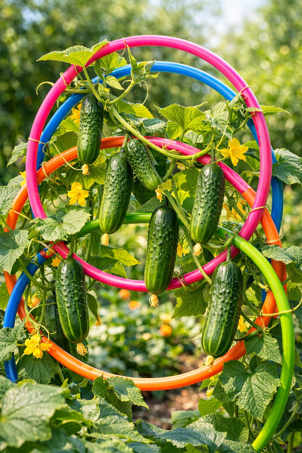 Cucumber plants growing on a colorful hula hoop trellis in a sunny garden.