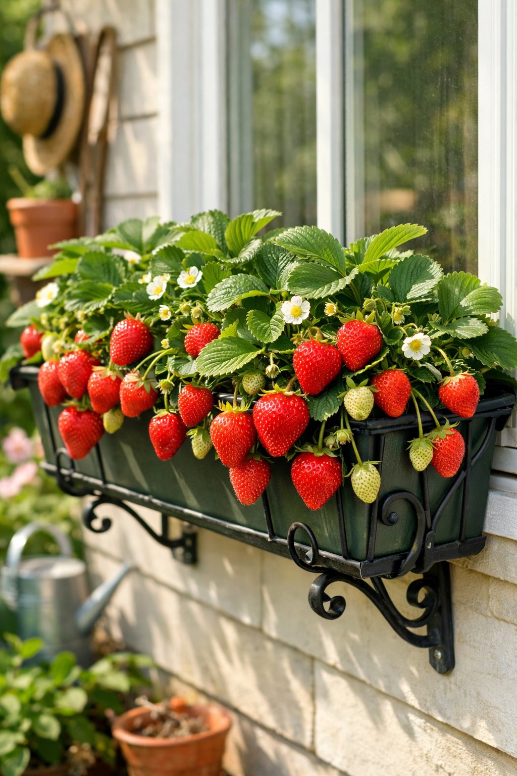 A window box planter filled with ripe strawberries and green leaves on a sunlit windowsill.