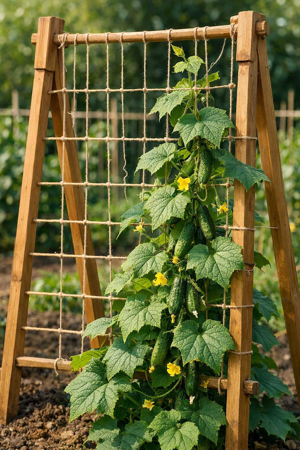 A wooden string ladder trellis supporting cucumber plants with green leaves and small cucumbers growing in a sunny garden.