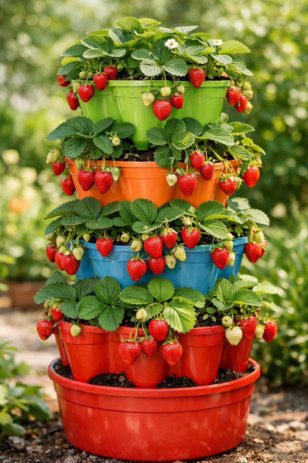 A vertical tower of colorful stackable plastic pots filled with green strawberry plants and ripe red strawberries outdoors.
