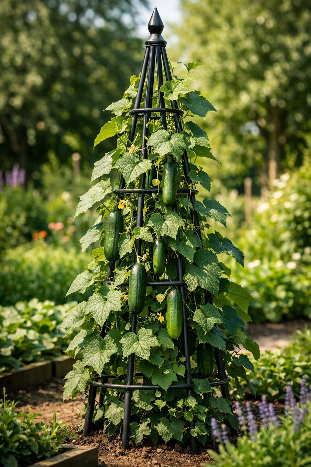 A tall obelisk garden trellis with cucumber vines and fresh cucumbers growing on it in a green garden.