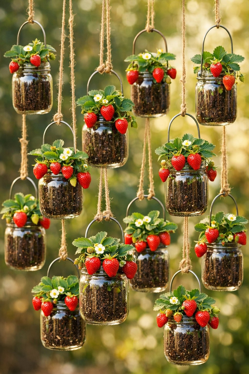 A group of mason jars hanging outdoors, each filled with green strawberry plants and ripe red strawberries.