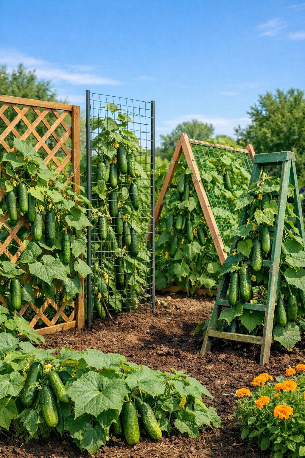 A garden with cucumber plants growing on different types of trellises, showing healthy green vines and cucumbers hanging.