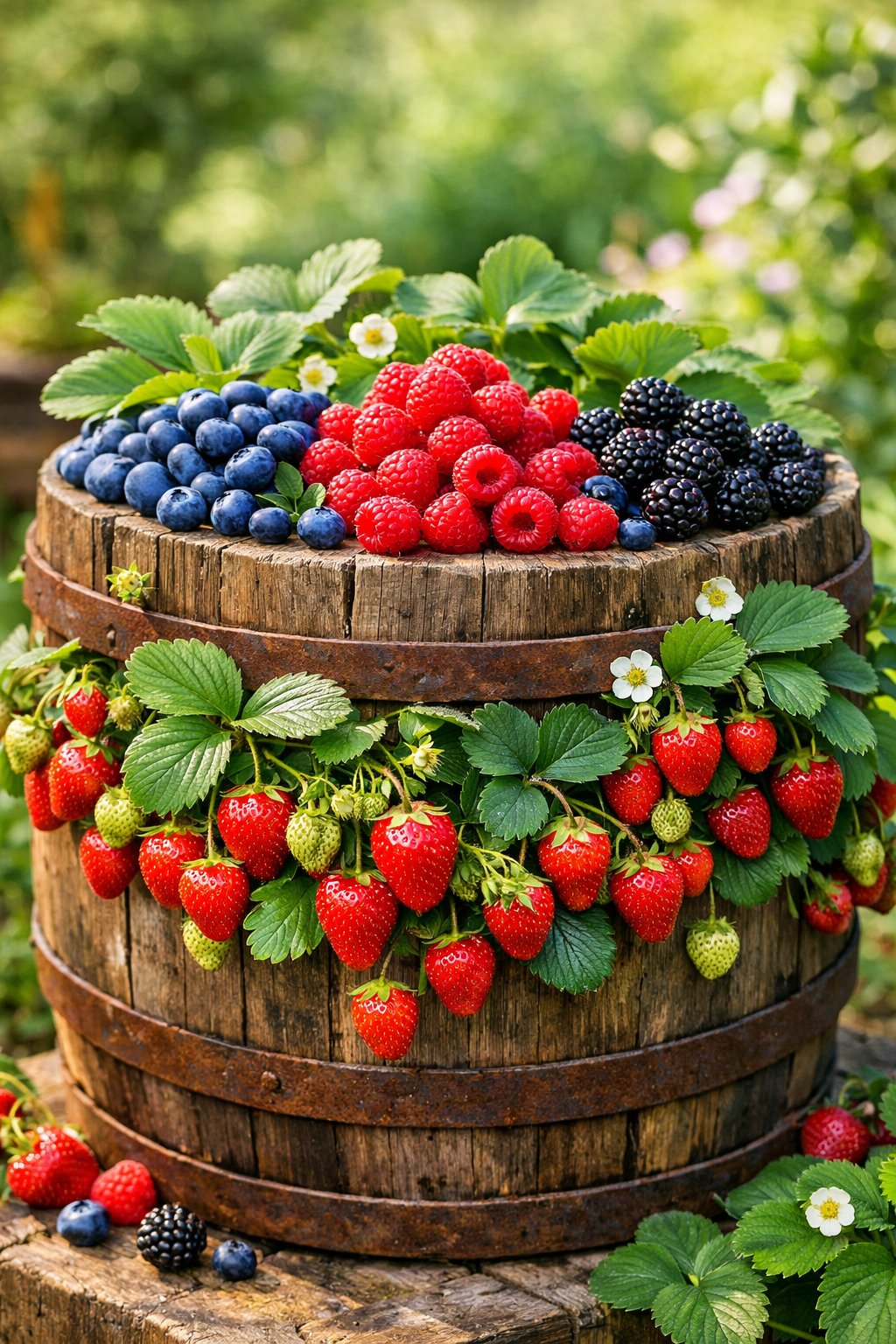 A wooden barrel planter filled with strawberry plants and various ripe berries in a sunny garden setting.