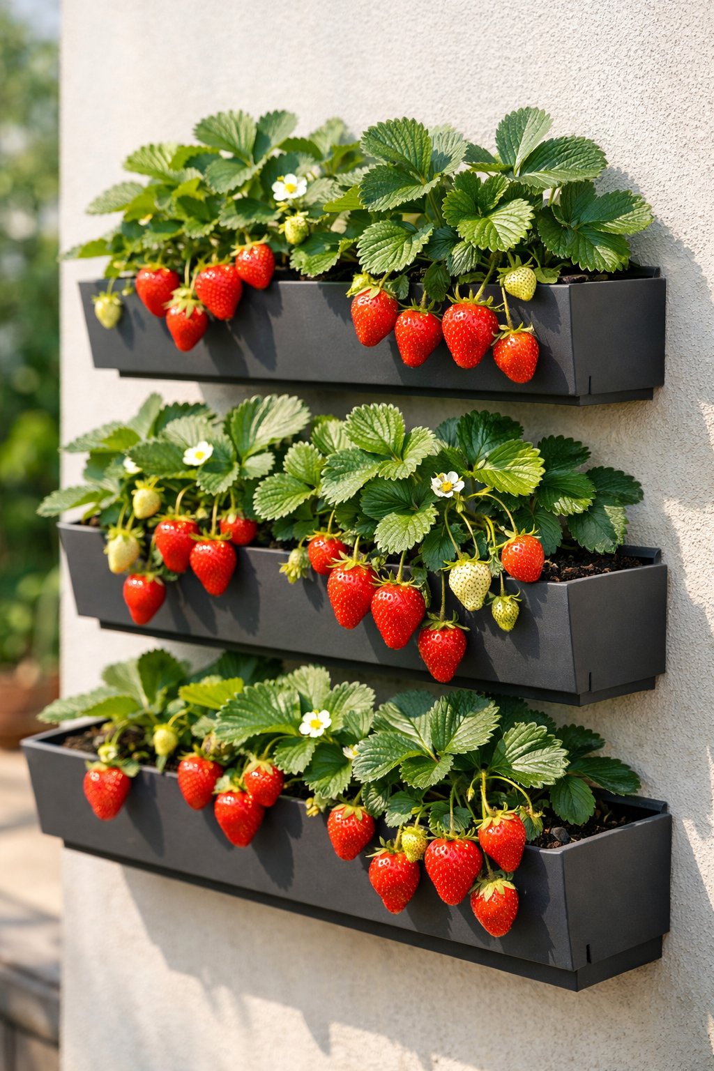 Wall-mounted strawberry planters with ripe strawberries growing in a vertical garden on a light-colored wall.