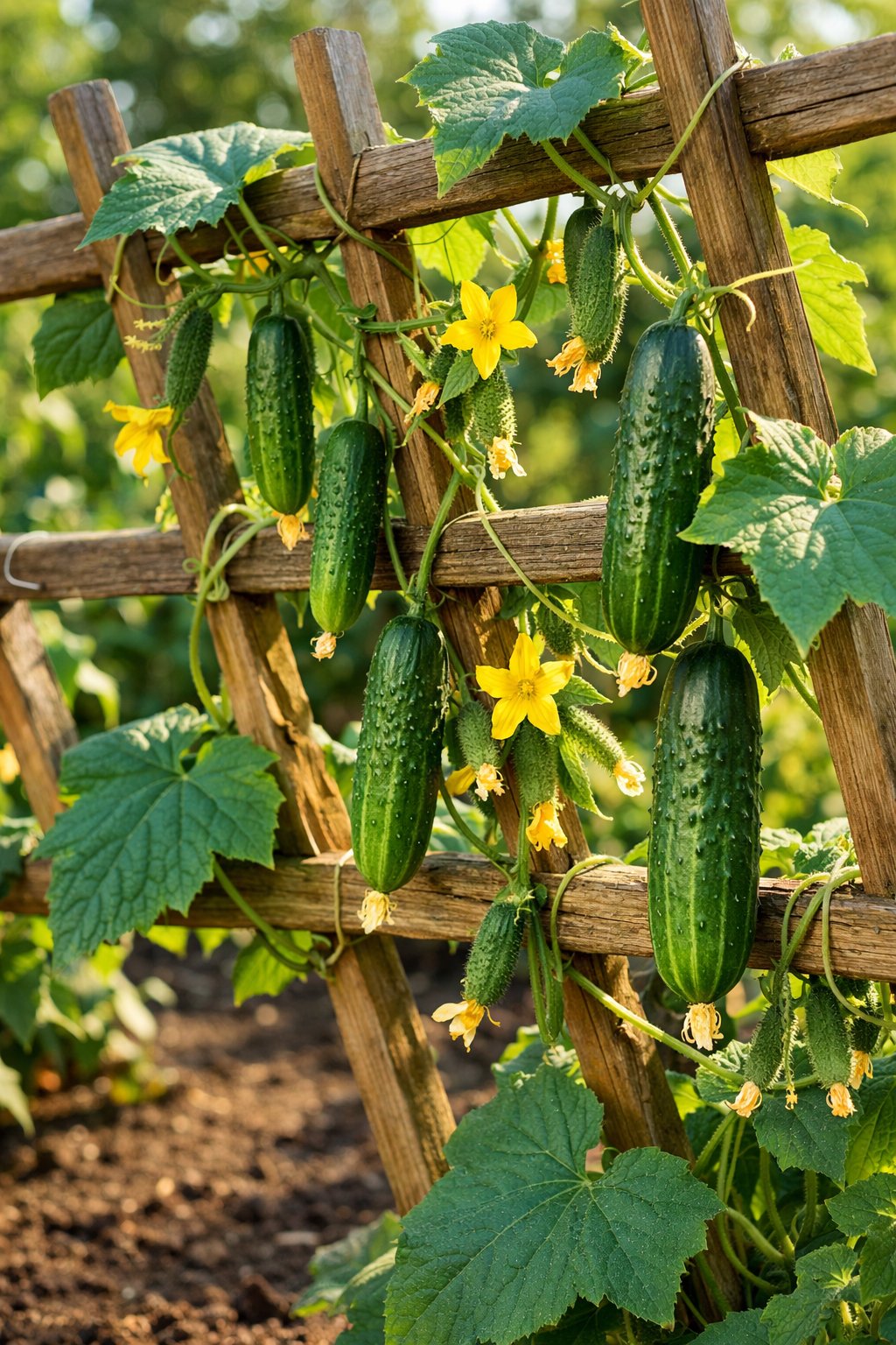 Cucumber plants growing on a wooden trellis with green leaves and cucumbers hanging from the vines in a garden.