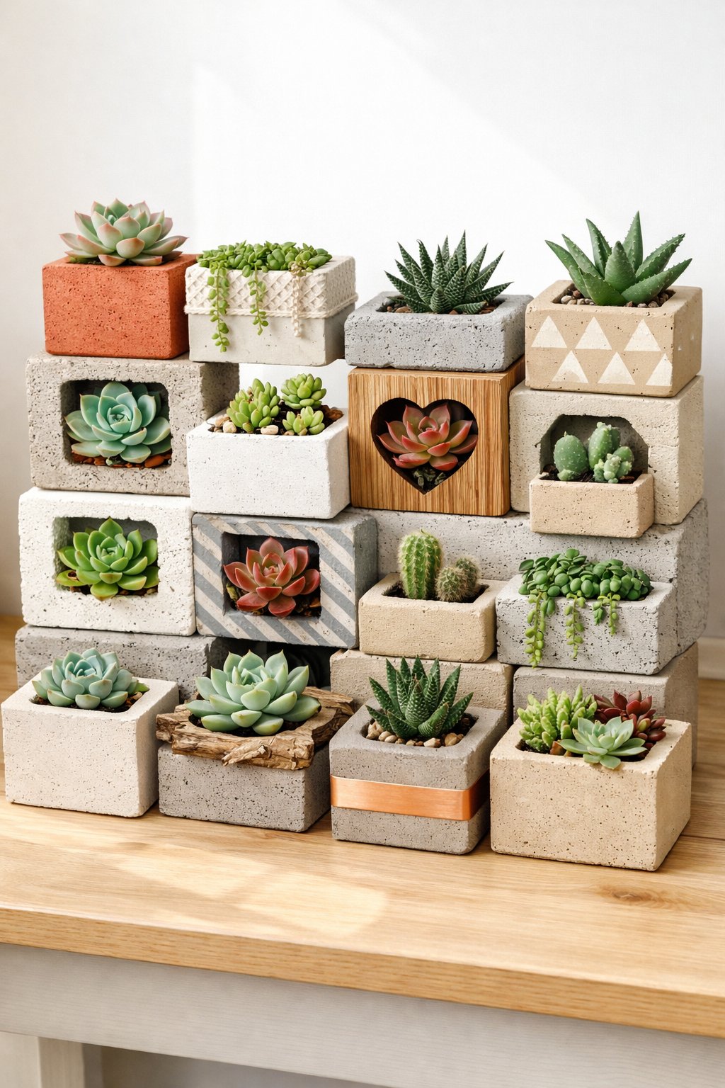 Sixteen cinder block planters arranged on a wooden surface, each holding different green succulent plants.