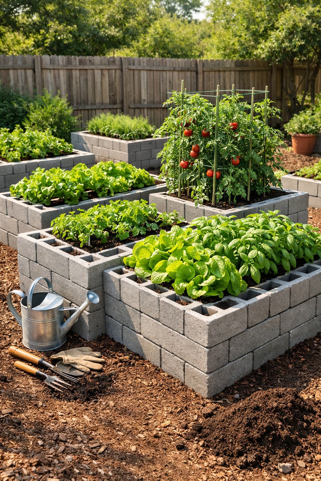 Backyard with multiple raised garden beds made of cinder blocks filled with green vegetables and herbs.