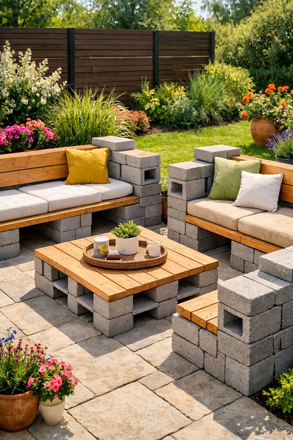 Outdoor patio with benches made from cinder blocks and wooden planks surrounded by plants and flowers.