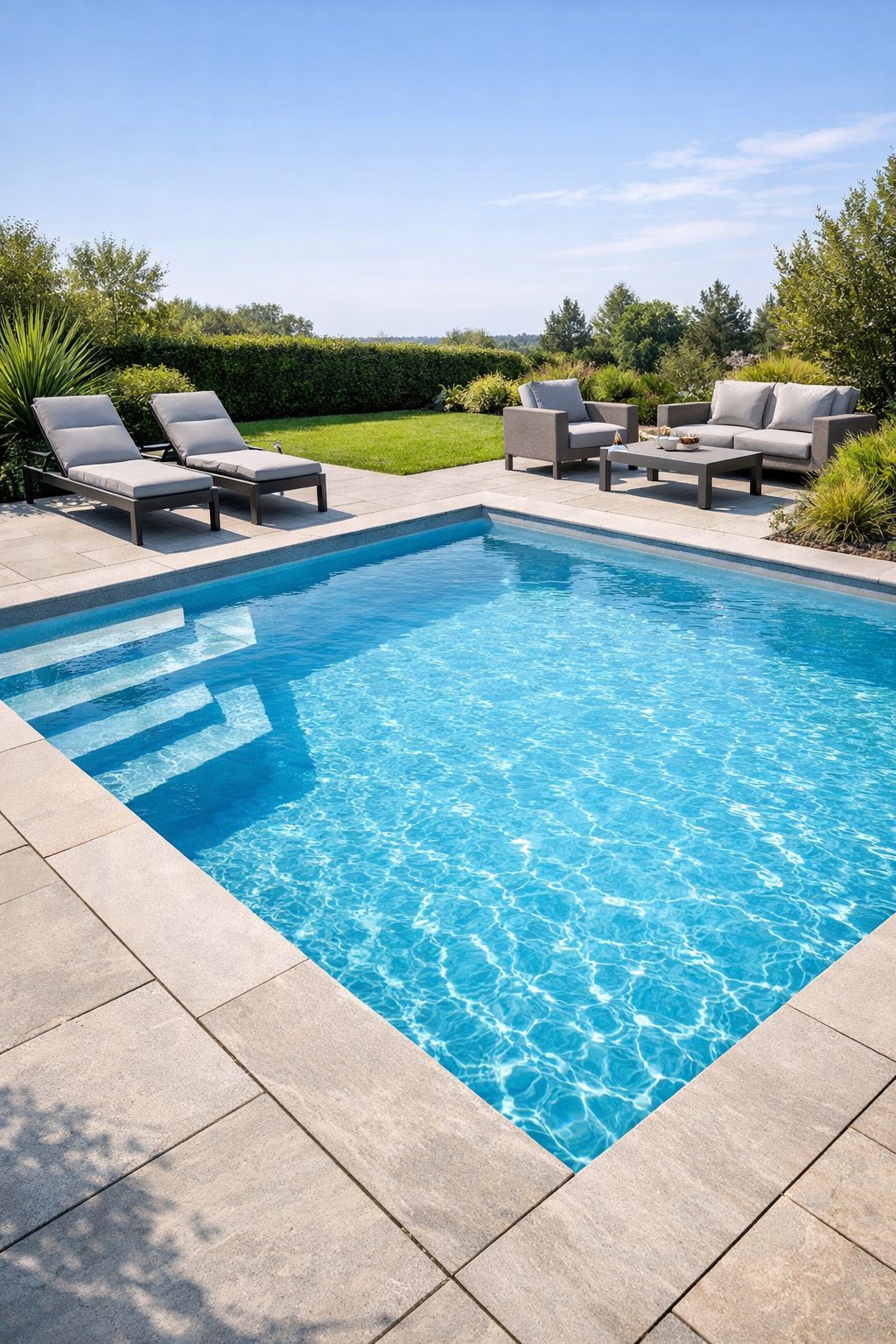 A modern backyard with a sleek geometric fiberglass swimming pool surrounded by a clean deck, lounge chairs, green grass, and plants under a clear sky.