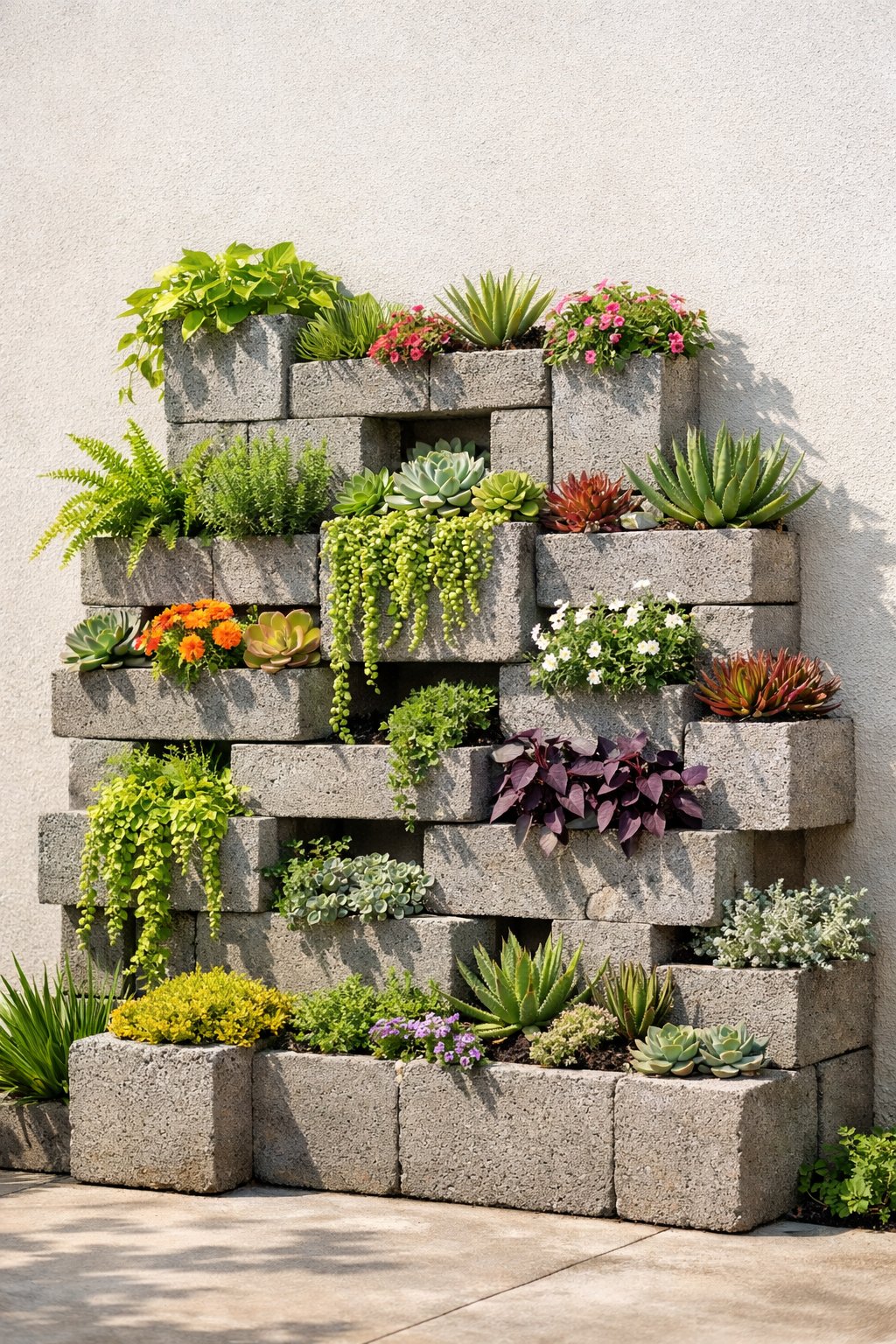 A vertical garden made from cinder blocks filled with various green plants arranged on a bare wall.