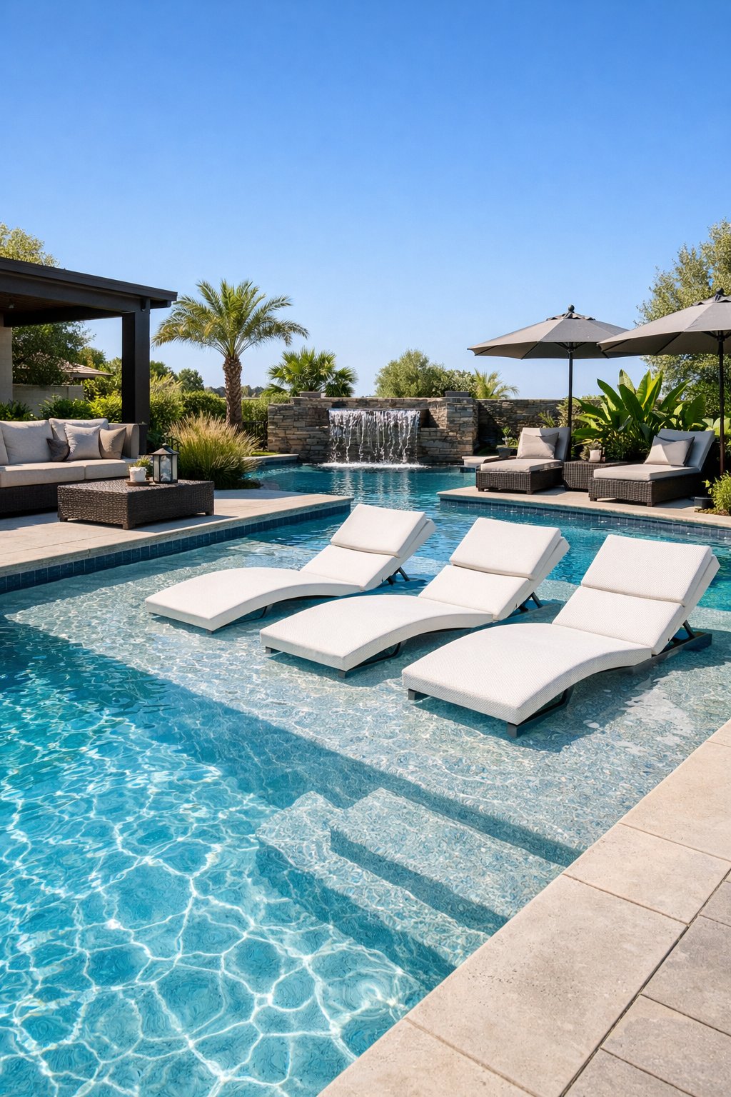 A modern fiberglass swimming pool with a shallow tanning ledge and lounge chairs in a sunny backyard surrounded by plants.